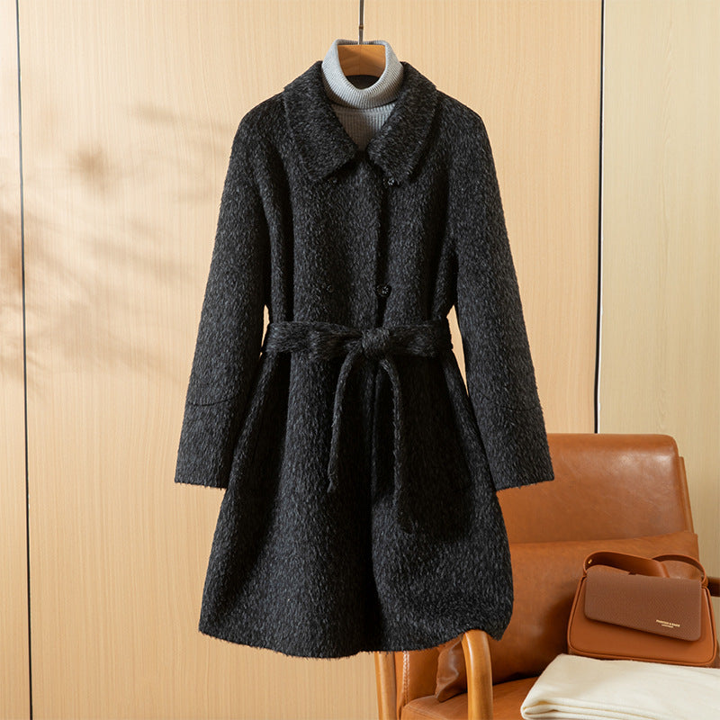 Audrey Belted Coat in Black — wool-blend boucle midi coat with a self-tie waist belt