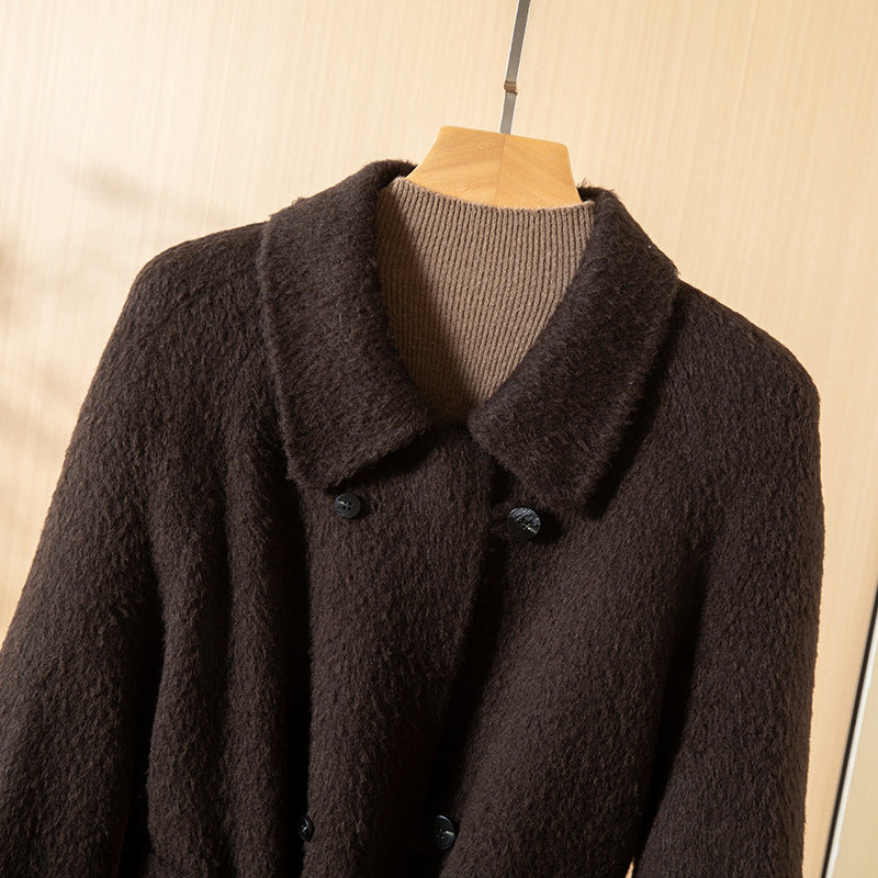 Audrey Belted Coat in Dark Brown — close-up of the rounded collar and button front