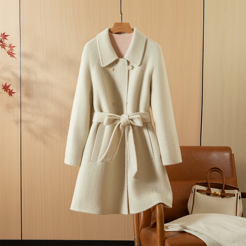 Audrey Belted Coat in Cream — wool-blend boucle midi coat with a self-tie waist belt