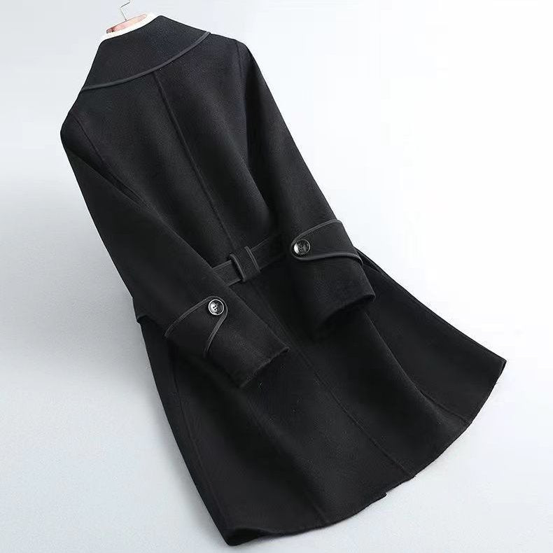 Delphine Wool Coat in Black — women's belted wool coat, back view