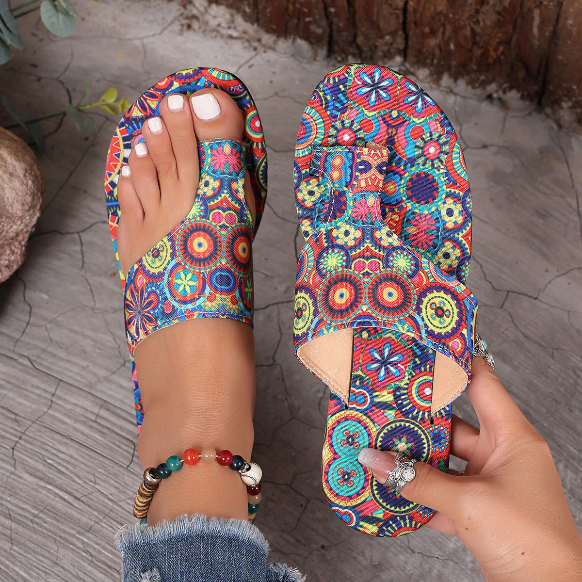 Lola Boho Sandals in Red — women's boho toe-ring flat slide with all-over mandala print