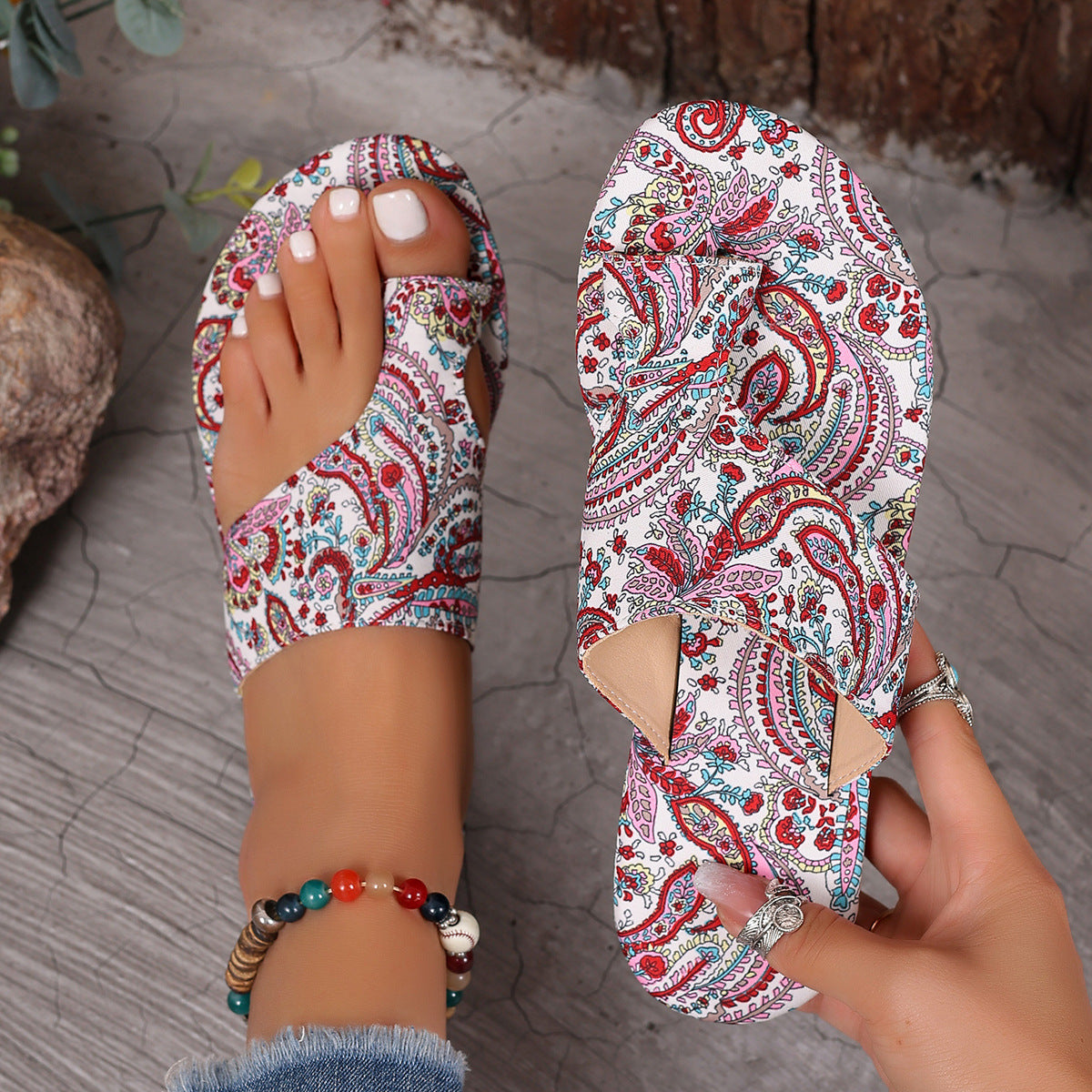 Lola Boho Sandals in White — women's boho toe-ring flat slide, top view