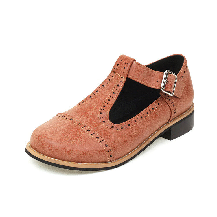 Colette Brogue Flats in Light Brown — women's vintage leather T-strap brogue flats | Spaydes