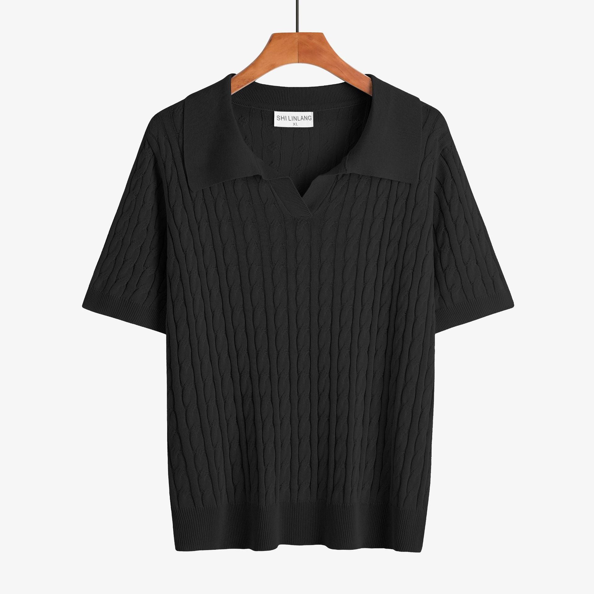 Caspian Knit Polo in Black — men's cable-knit short-sleeve polo