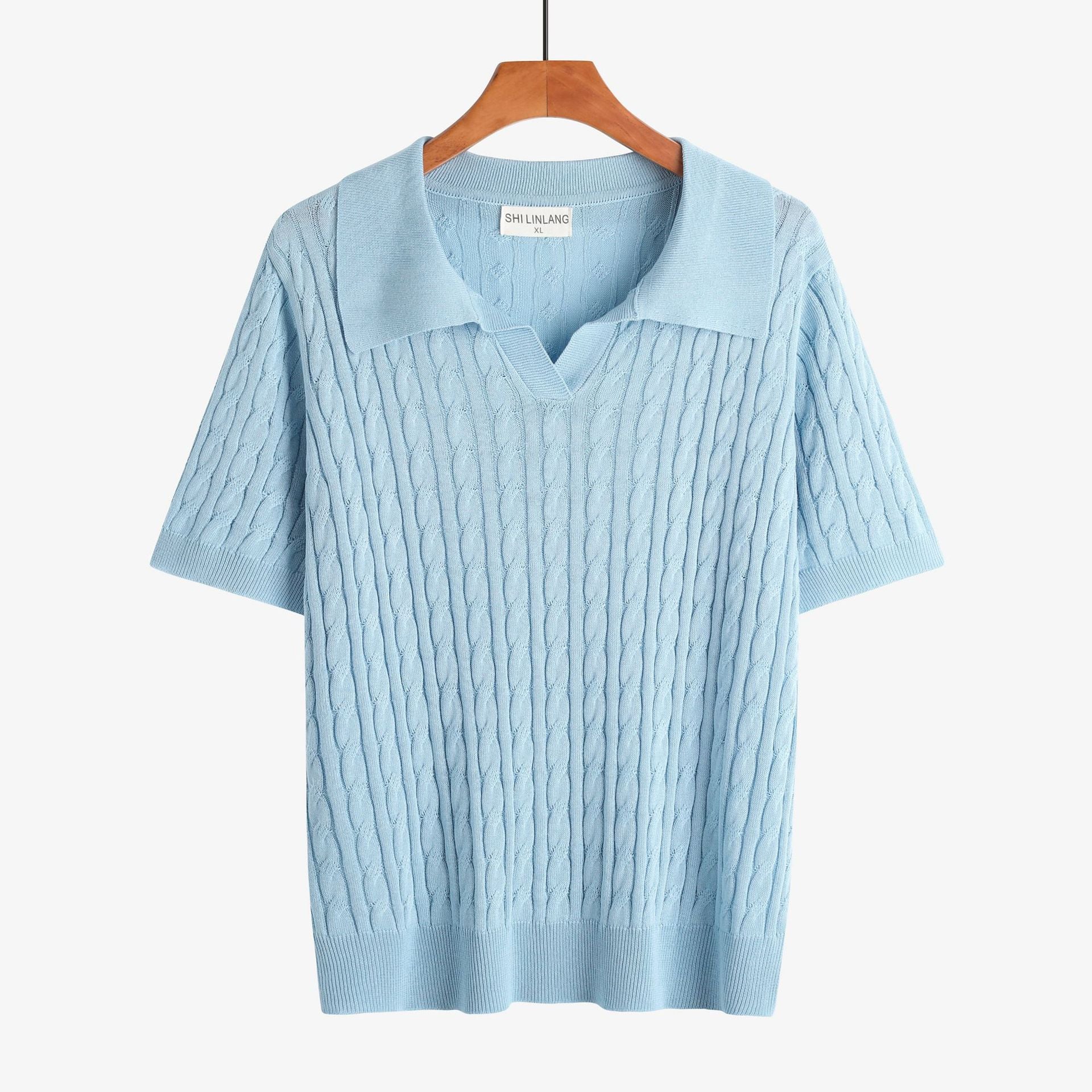 Caspian Knit Polo in Light Blue — men's cable-knit short-sleeve polo