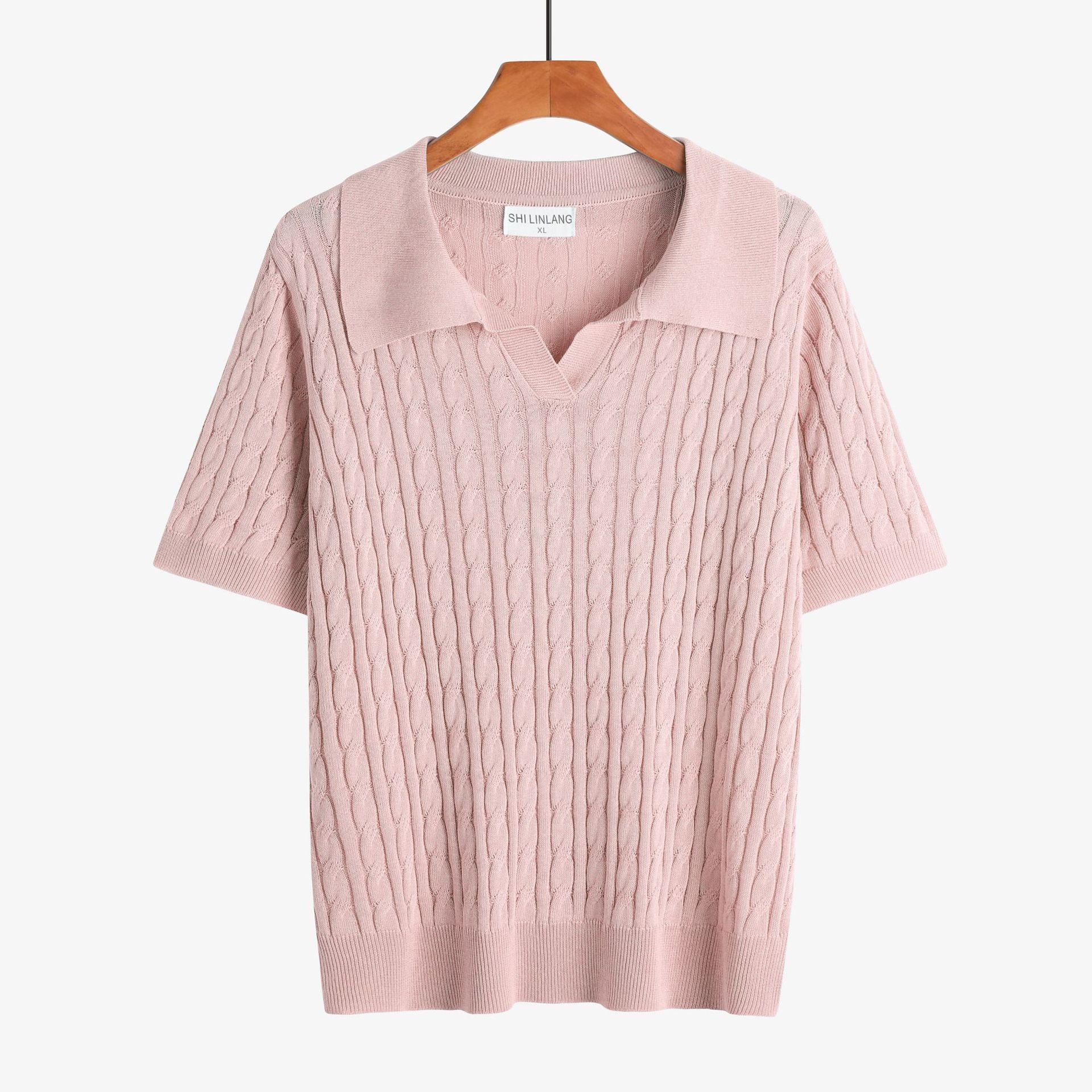 Caspian Knit Polo in Pink — men's cable-knit short-sleeve polo