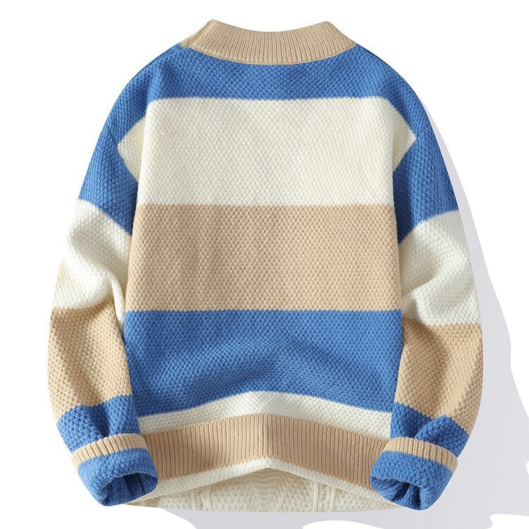 Sawyer Cable-Knit Sweater in Blue — back view colorblock cable knit