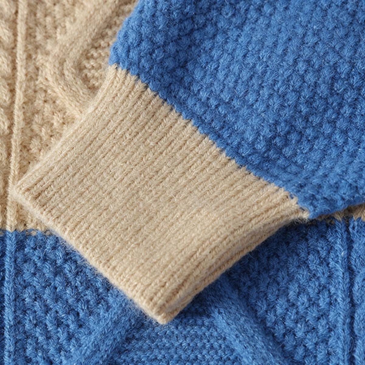 Sawyer Cable-Knit Sweater in Blue — ribbed cuff detail