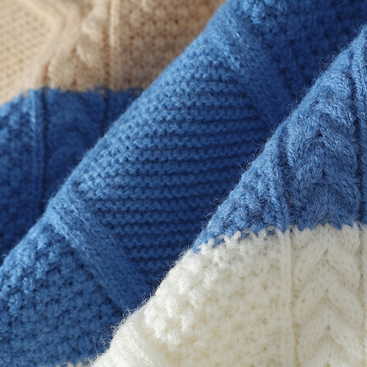 Sawyer Cable-Knit Sweater in Blue — raised diamond cable detail