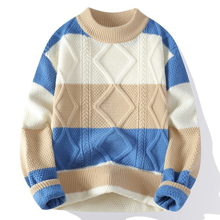 Sawyer Cable-Knit Sweater in Blue — front view colorblock cable knit