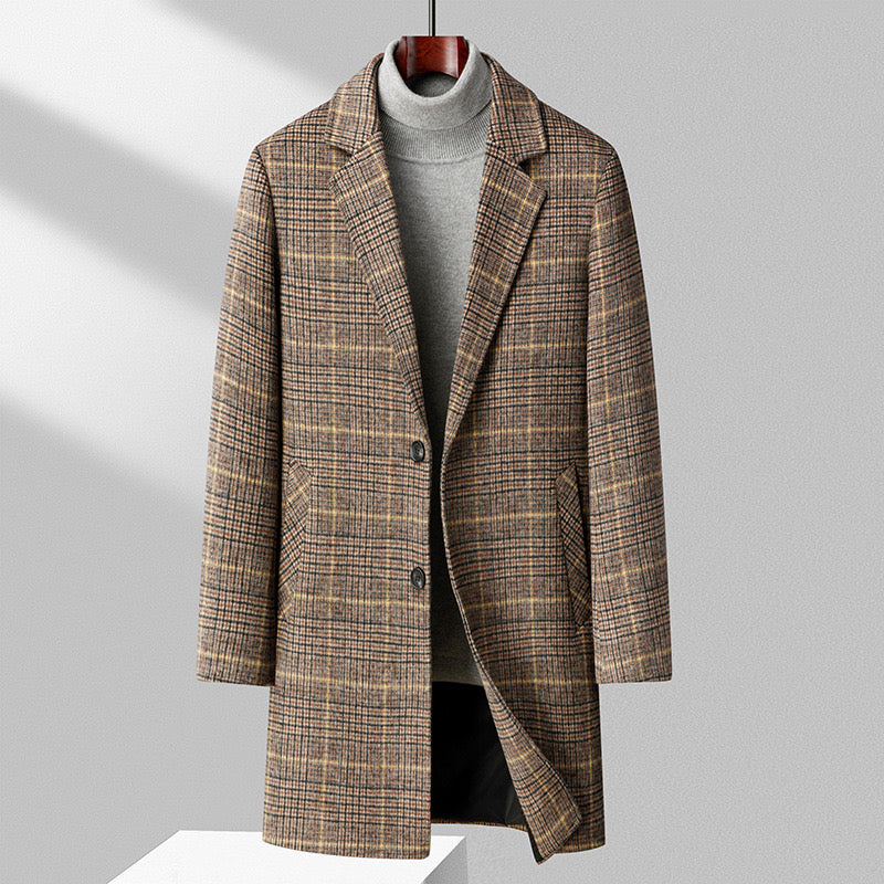 Thatcher Tailored Overcoat in Light Brown — mid-length windowpane check wool overcoat with welt side pockets