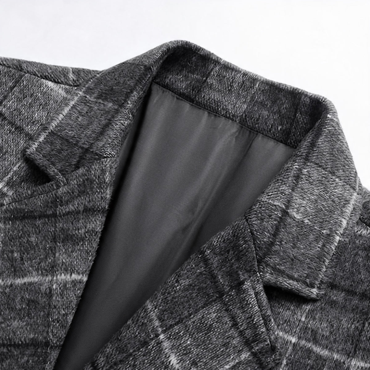 Thatcher Tailored Overcoat in Gray — close-up of the notched lapel and brushed wool check texture