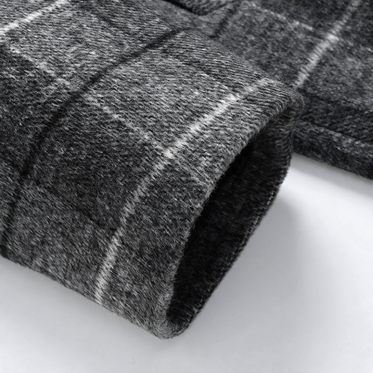 Thatcher Tailored Overcoat in Gray — close-up of the cuff and windowpane check weave