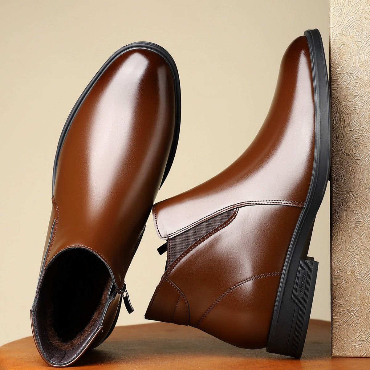 Lorenzo Chelsea Boots in Dark Brown — polished leather side-zip dress boot