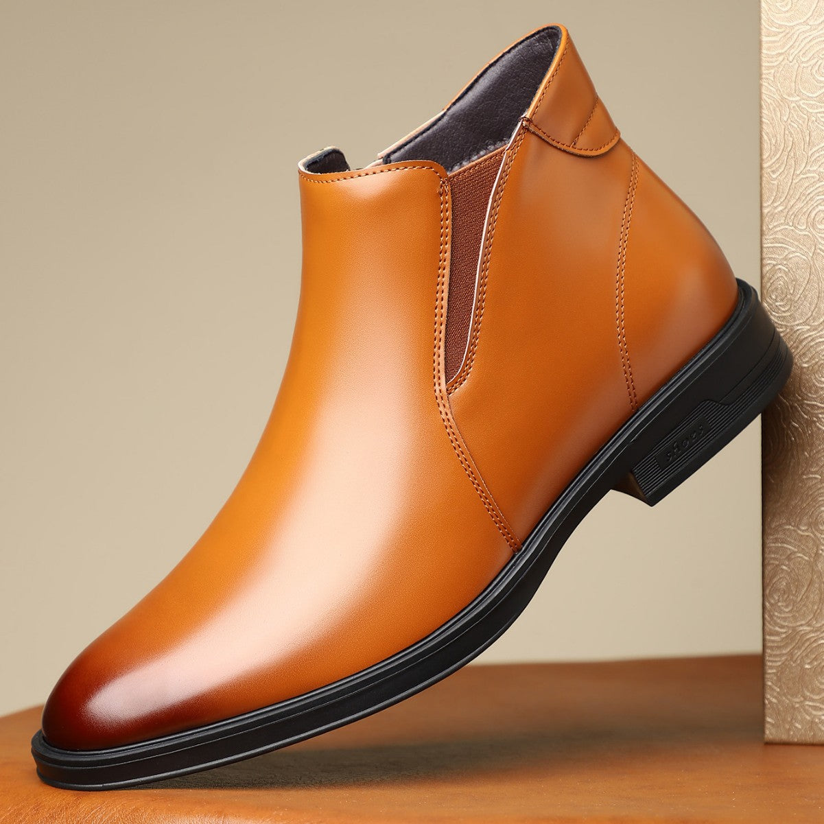 Lorenzo Chelsea Boots in Light Brown — polished leather side-zip dress boot