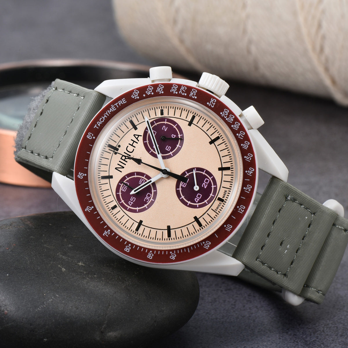 Cruz Chronograph Watch in Burgundy — Swiss quartz chronograph with tachymètre bezel and triple sub-dials
