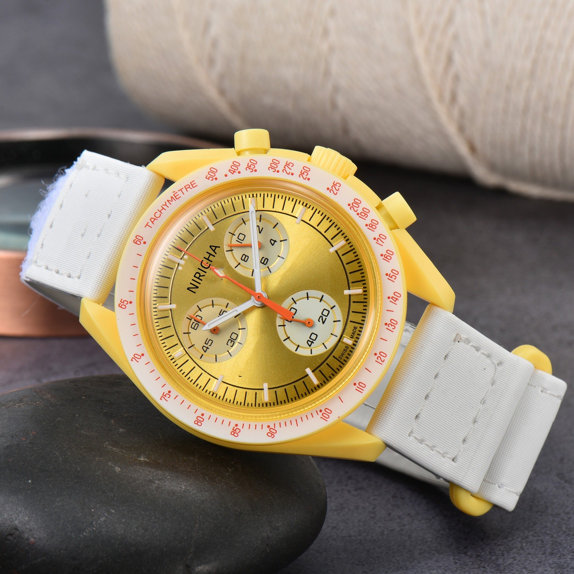 Cruz Chronograph Watch in Yellow — Swiss quartz chronograph with tachymètre bezel and triple sub-dials