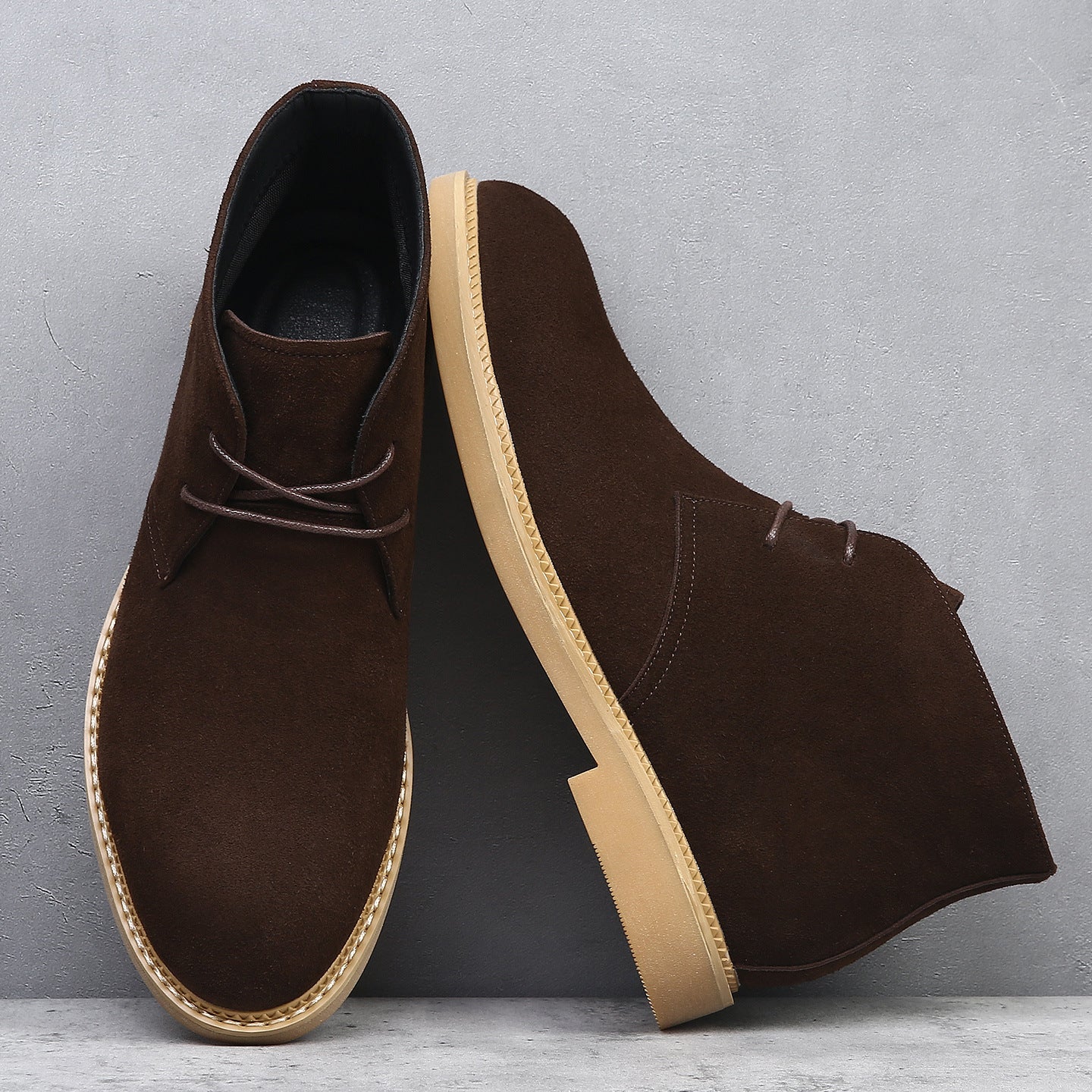Levi Chukka Boots in Dark Brown — side view, suede desert boot with gum sole