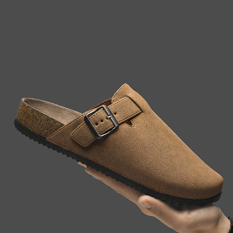 Nico Suede Clogs in Light Brown — side view, cork footbed backless clog