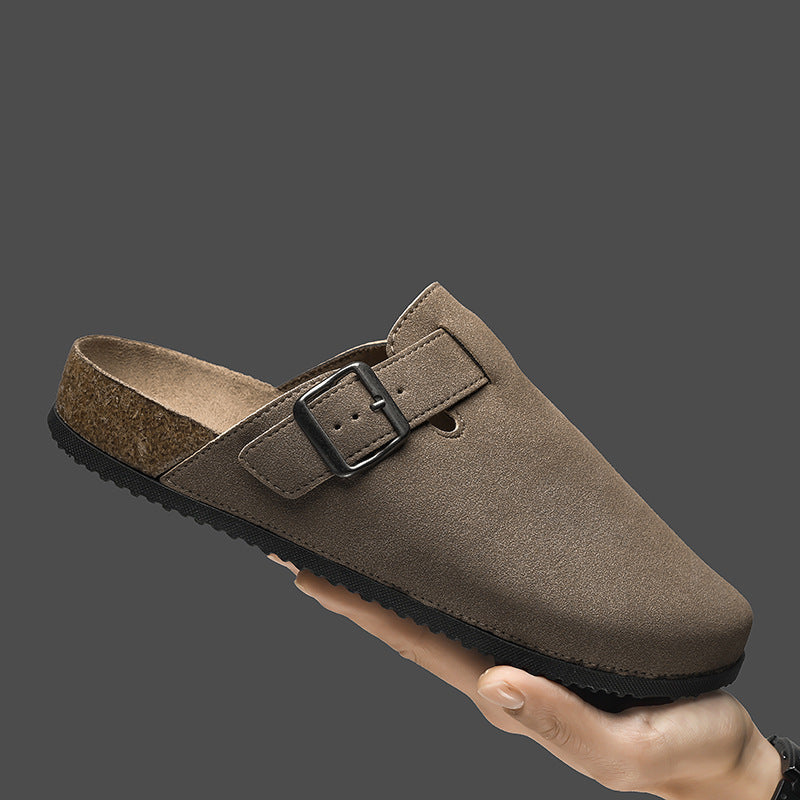 Nico Suede Clogs in Khaki — side view, cork footbed backless clog