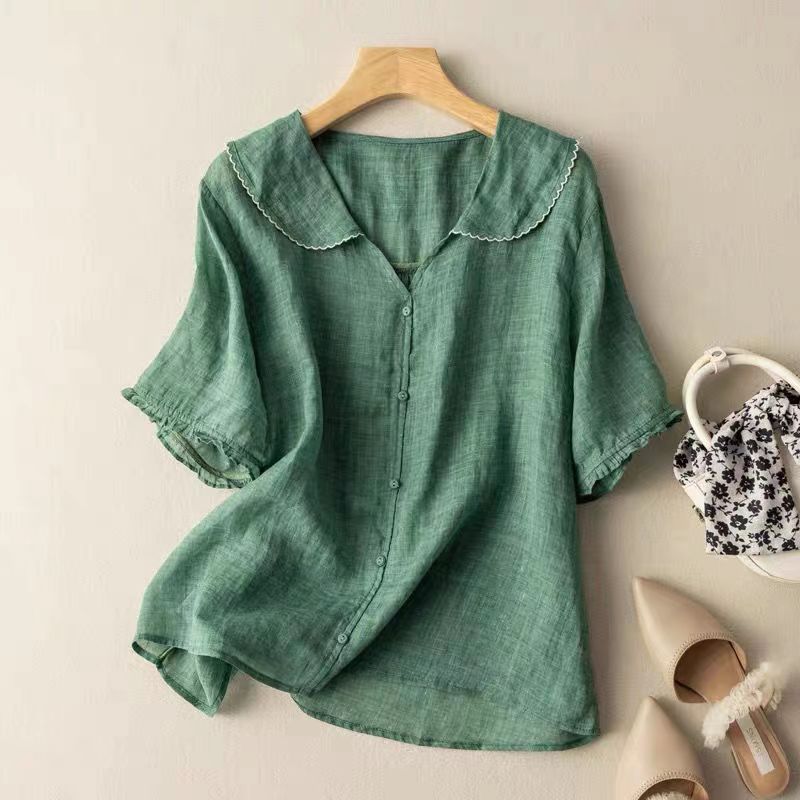 Sabrina Linen Blouse in Green — gossamer linen blouse with lace collar and ruffle sleeves