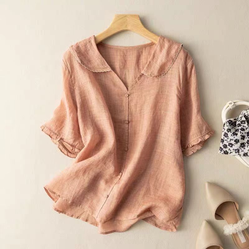 Sabrina Linen Blouse in Pink — gossamer linen blouse with lace collar and ruffle sleeves