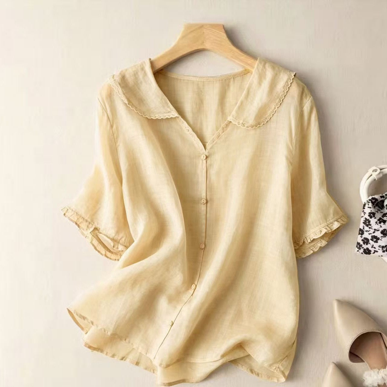 Sabrina Linen Blouse in Yellow — gossamer linen blouse with lace collar and ruffle sleeves