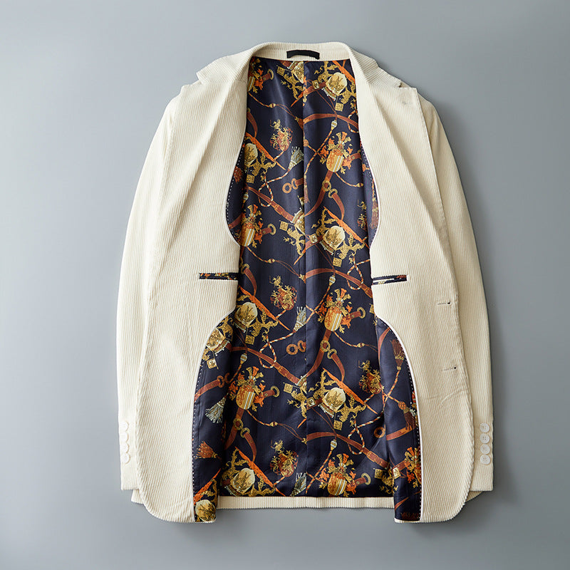 Dante Corduroy Blazer in Cream — printed interior lining detail