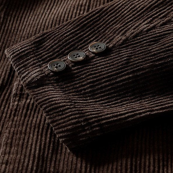 Soren Corduroy Blazer in Dark Brown — corduroy cuff with button detail