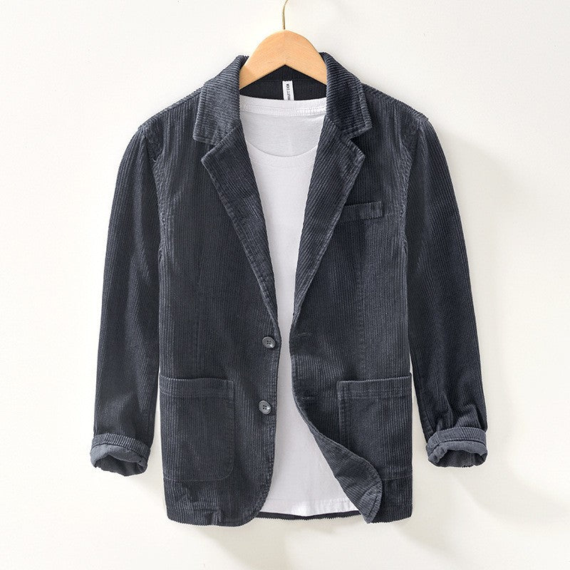 Soren Corduroy Blazer in Dark Gray — men's wale corduroy blazer with notched lapel and tailored waist