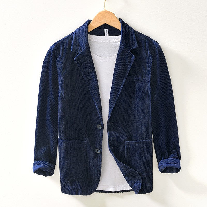 Soren Corduroy Blazer in Navy Blue — men's wale corduroy blazer with notched lapel and tailored waist
