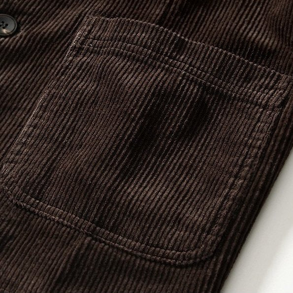 Soren Corduroy Blazer in Dark Brown — flap pocket on wale corduroy