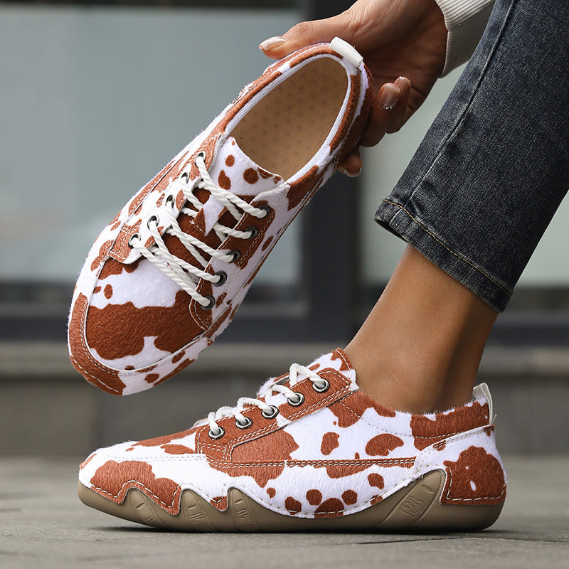 Bea Court Sneakers in Brown cow print — lace-up sneaker with cushioned footbed
