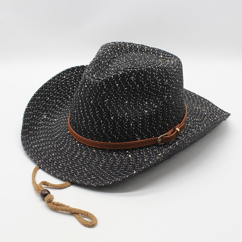 Saffron Woven Hat in Black — straw cowboy hat with western leather band