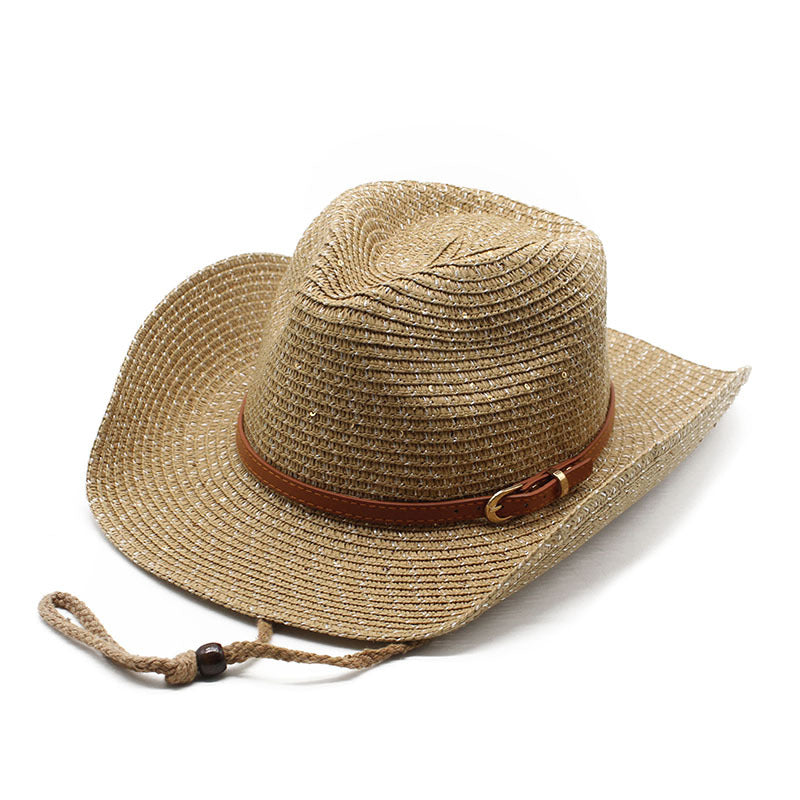 Saffron Woven Hat in Khaki — straw cowboy hat with western leather band