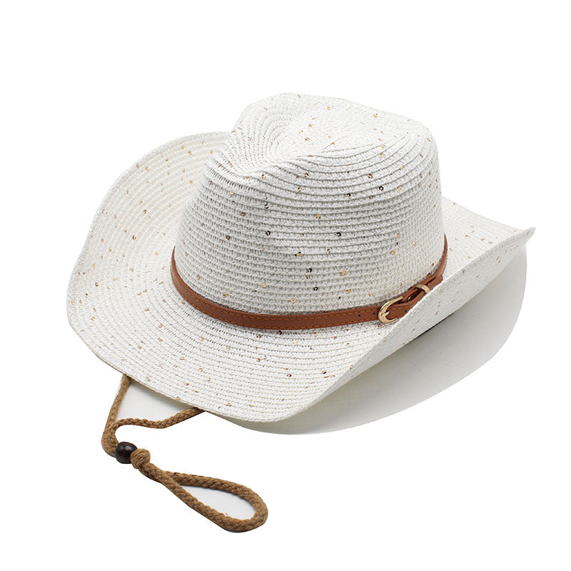 Saffron Woven Hat in White — straw cowboy hat with western leather band