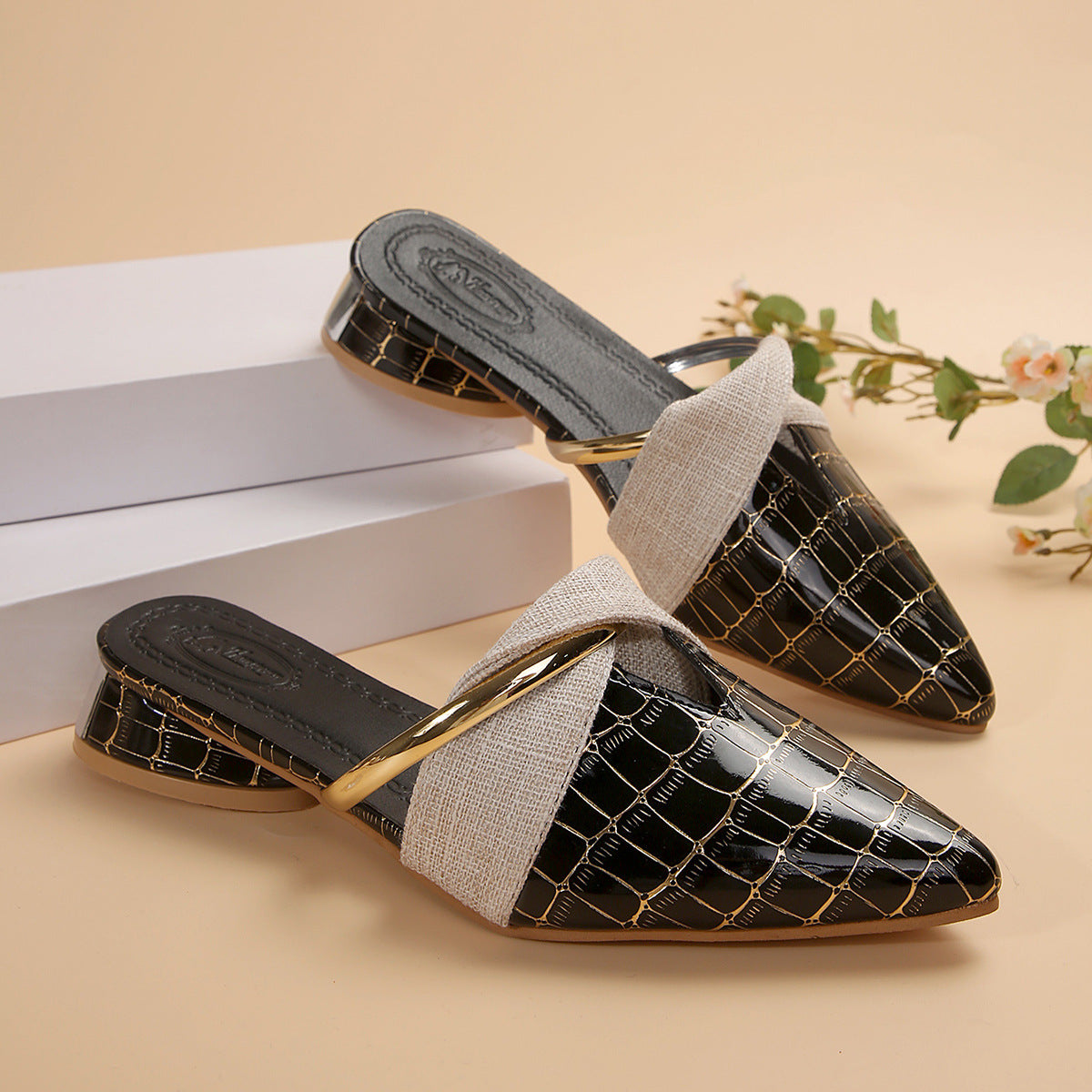 Giselle Mule Flats in Black — glossy croc-embossed leather pointed-toe mules