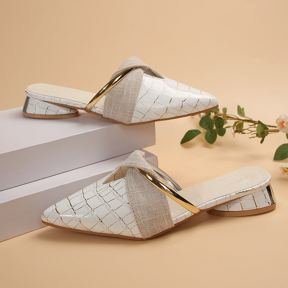 Giselle Mule Flats in White — glossy croc-embossed leather pointed-toe mules