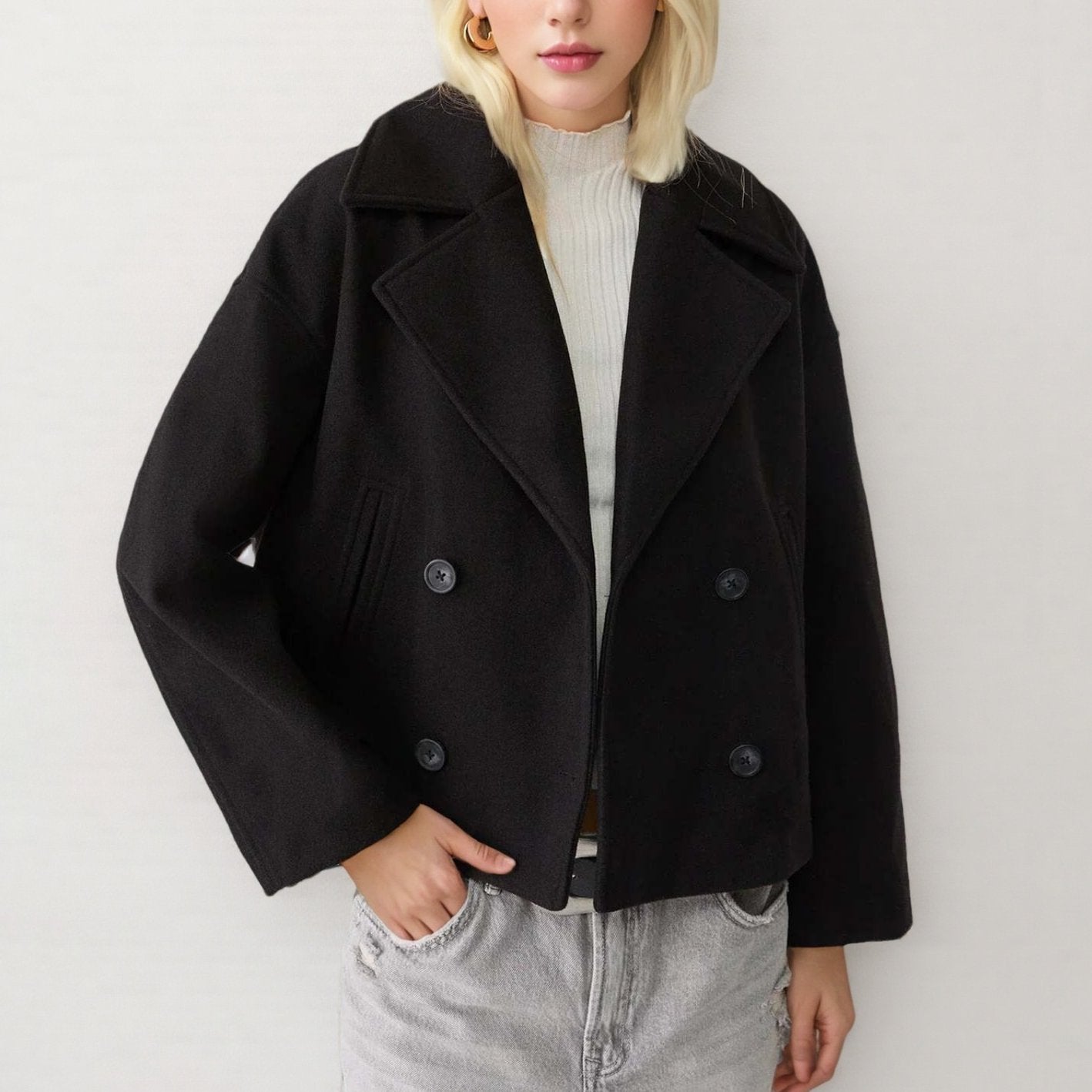 Elle Cropped Peacoat in Cream — structured wool double-breasted coat