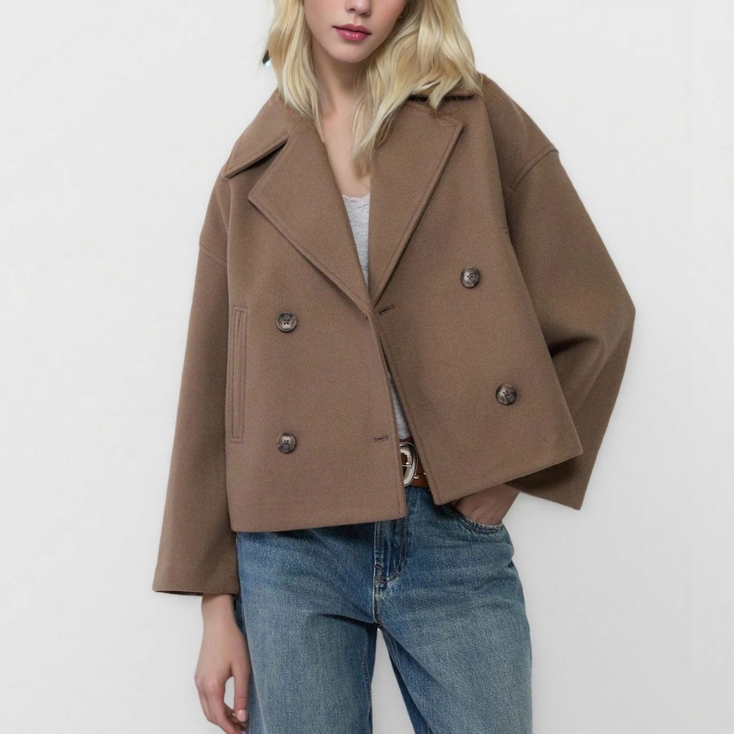 Elle Cropped Peacoat in Navy — structured wool double-breasted coat