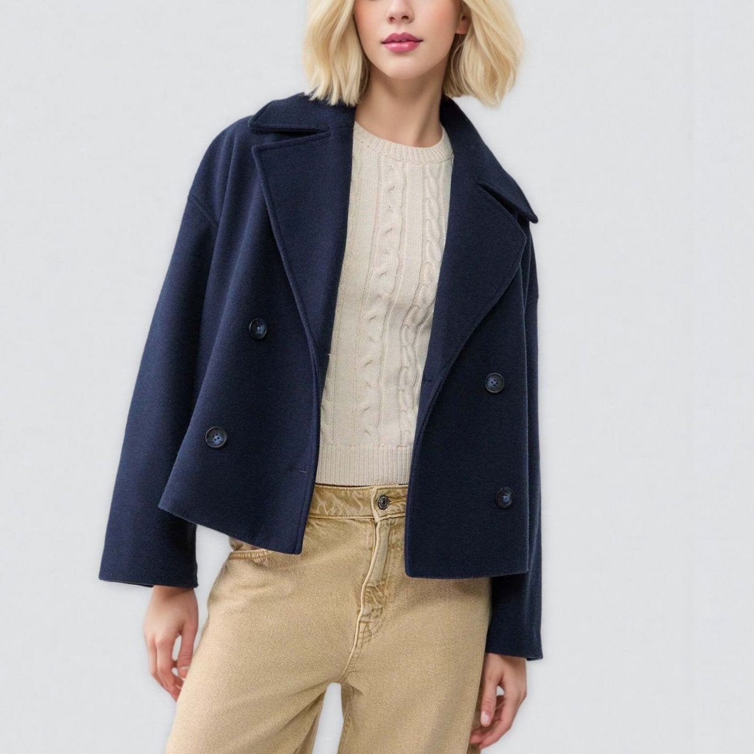 Elle Cropped Peacoat in Camel — structured wool double-breasted coat