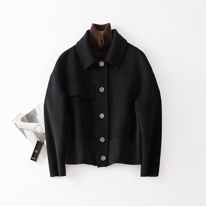 Renata Cropped Jacket in Black — women's cropped wool jacket with button front and ribbed knit hem