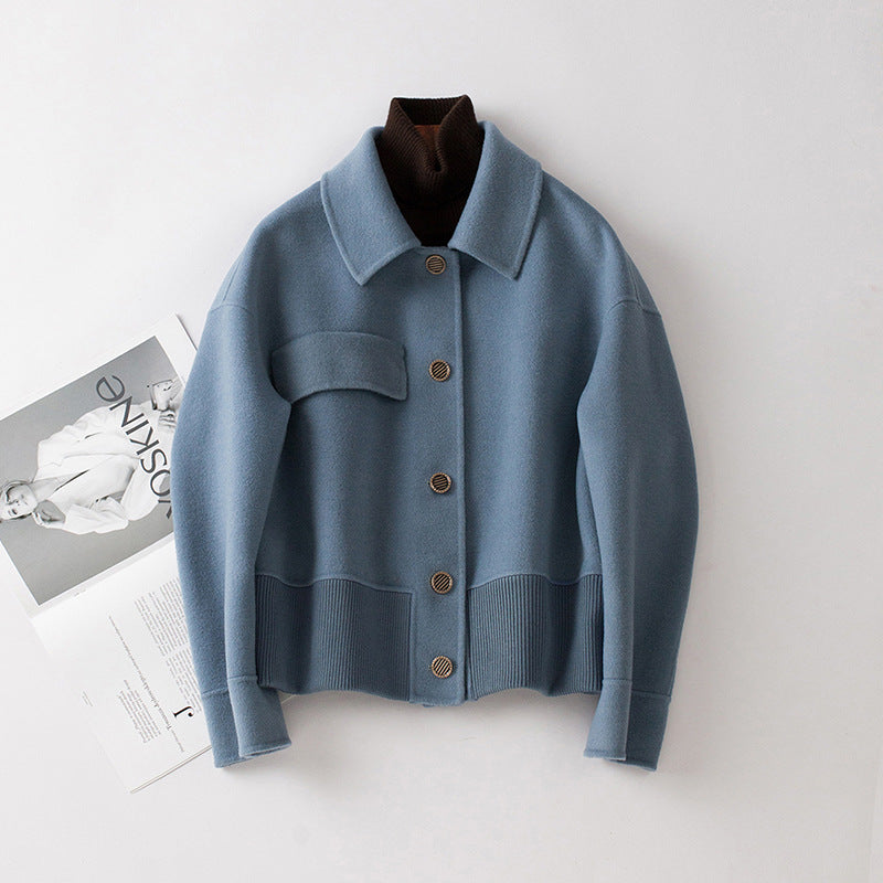 Renata Cropped Jacket in Light Blue — women's cropped wool jacket with button front and ribbed knit hem