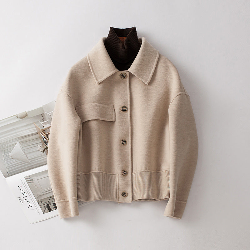 Renata Cropped Jacket in Cream — women's cropped wool jacket with chest flap pocket, front view