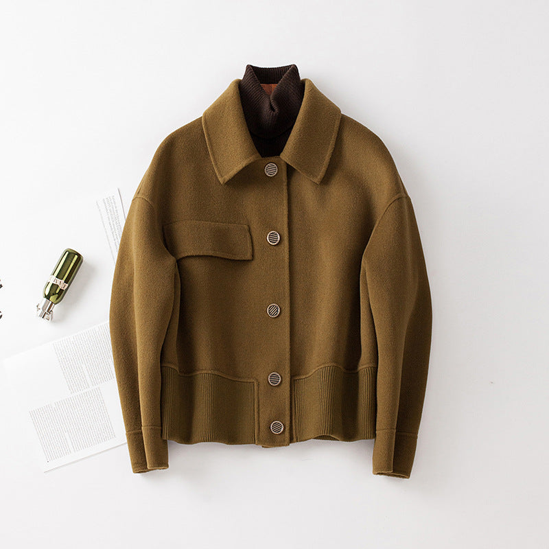 Renata Cropped Jacket in Olive — women's cropped wool jacket with button front and ribbed knit hem