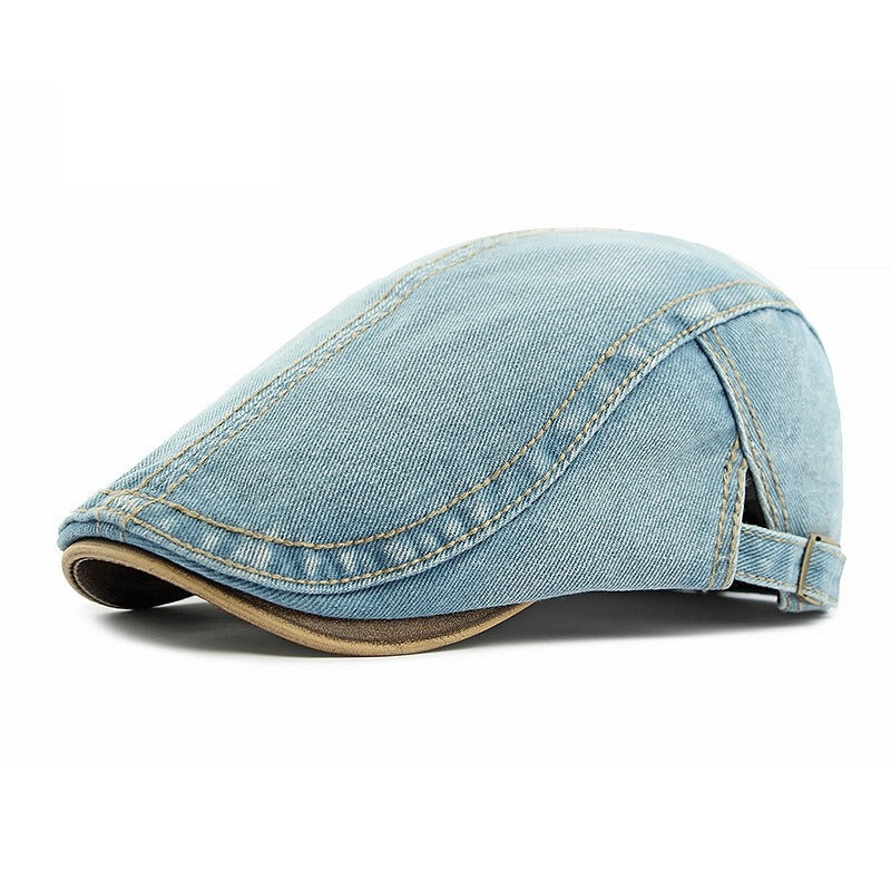Fenwick Denim Cap in Sky Blue — men's washed-denim newsboy flat cap