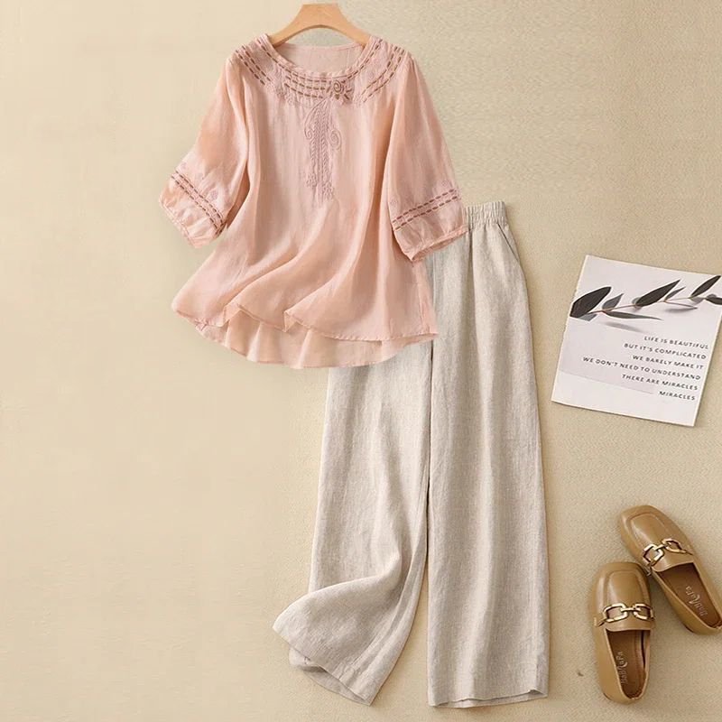 Aurelia Linen Set in Pink — featherweight embroidered linen two-piece