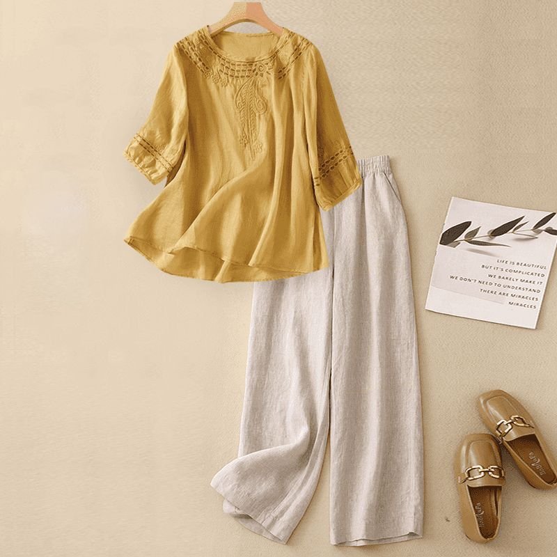 Aurelia Linen Set in Yellow — featherweight embroidered linen two-piece