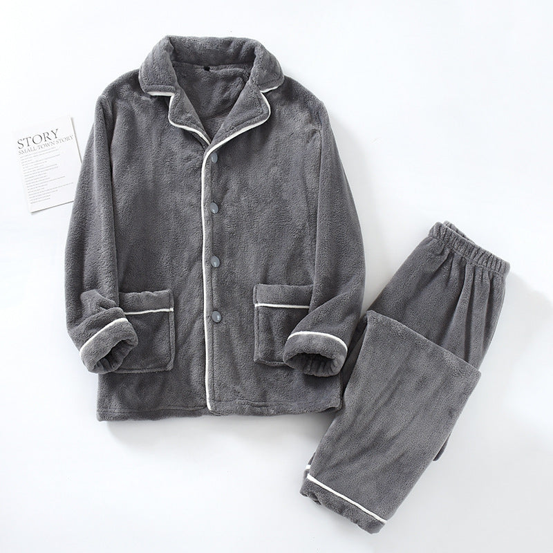 Emery Pajama Set in Gray — fleece top with cream piping and elastic-waist pants