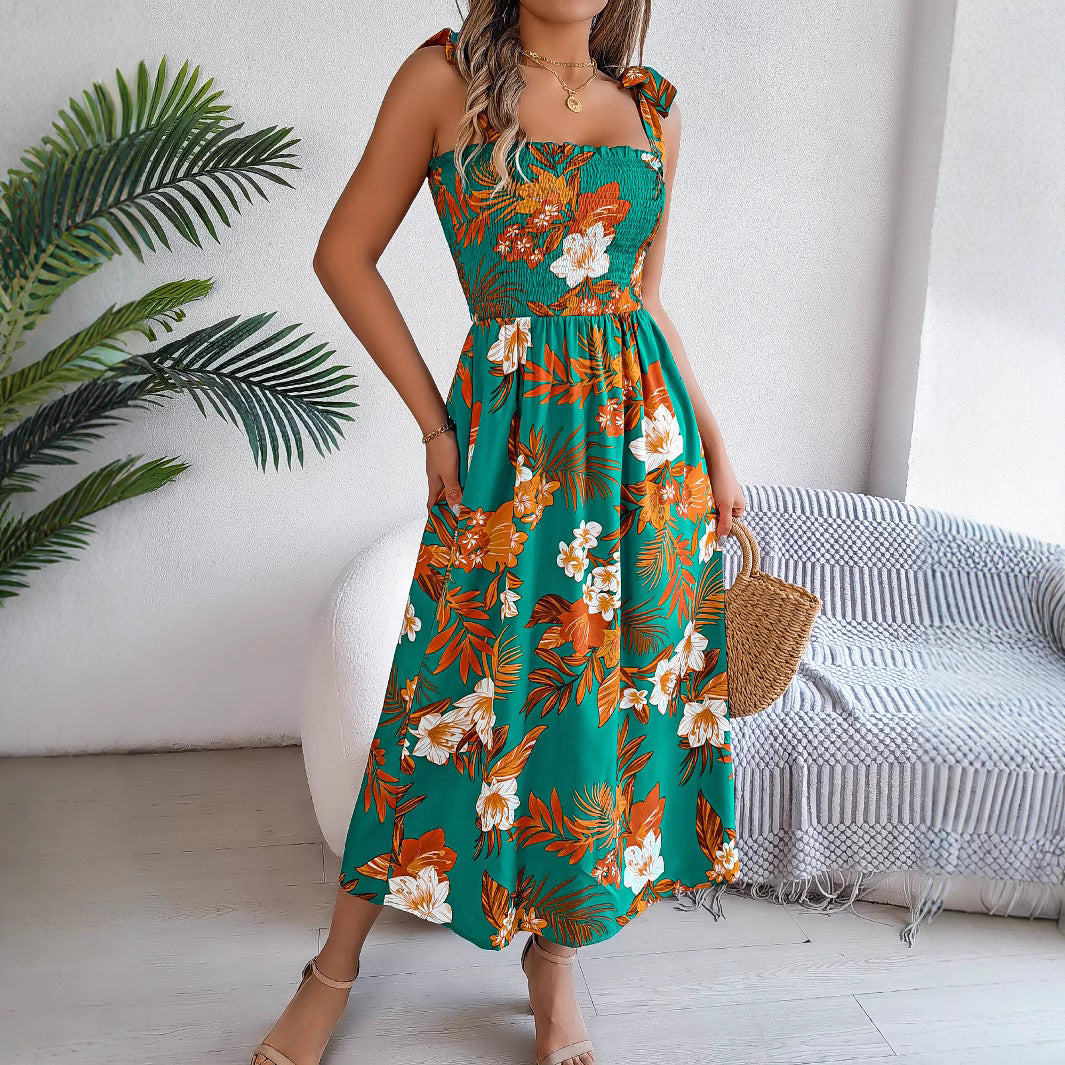 Marisol Floral Dress in Green — tropical floral midi with smocked bodice